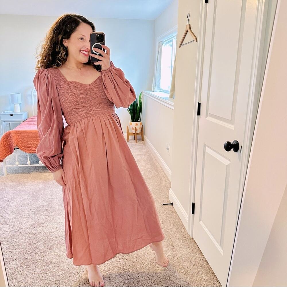 Sea New York Pink Cotton Smocked Long Sleeve Maxi Dress Small